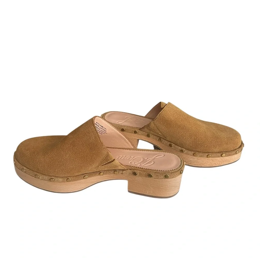 J.Crew Tan Suede Leather Clog Mules Size 6.5 | Wood Studded Slip-Ons - Picture 4 of 9